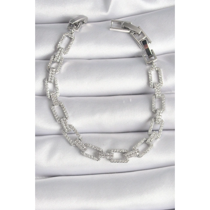 Pirinç Gümüş Renk Zirkon Taşlı Zincir Model VIP Seri Kadın Bileklik