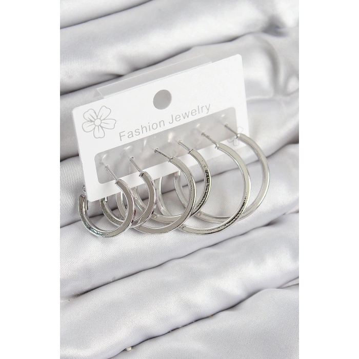 Pirinç Halka Model Gümüş Renk Kadın Set Küpe