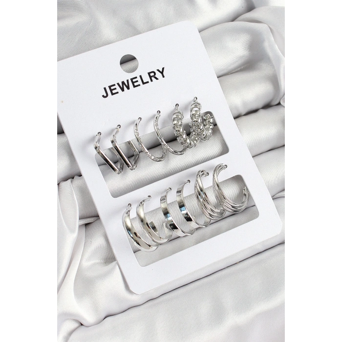 Pirinç Karışık Halka Model Gümüş Renk 6 Çift Kadın Küpe Set