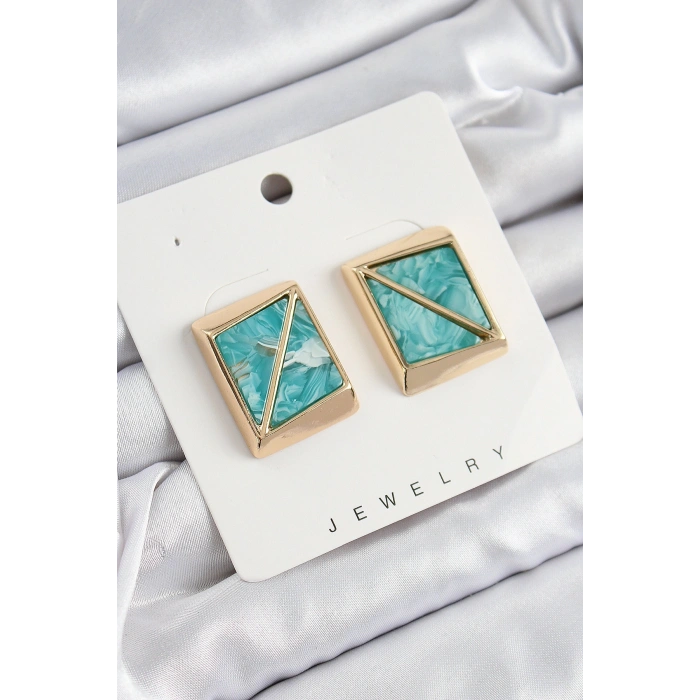 Pirinç Turkuaz Üçgen Kesim Detaylı Kare Model Vintage Gold Renk Kadın Küpe