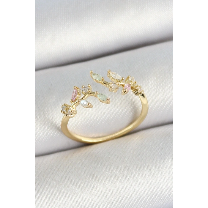 Pirinç Yaprak Figürlü Zirkon Taşlı Gold Renk Ayarlanabilir Kadın Yüzük