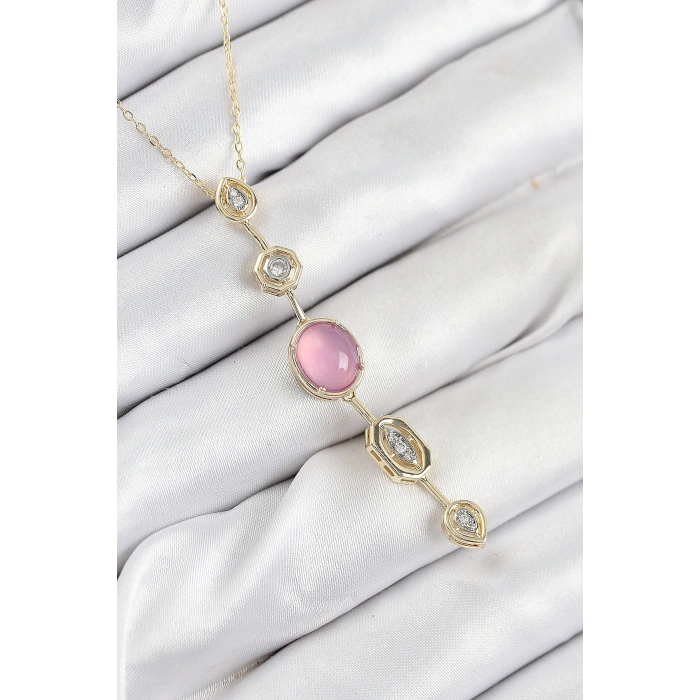 Pirinç Zincir Pembe Gold Renk Zirkon Taşlı Y Kolye