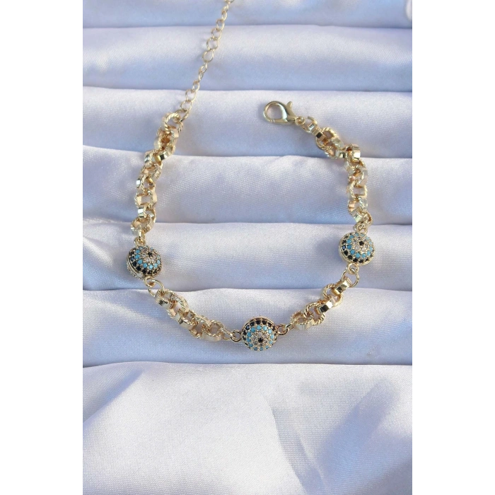 Pirinç Zincir Vip Seri Altın Renk Zirkon Taşlı Nazarlı Bileklik