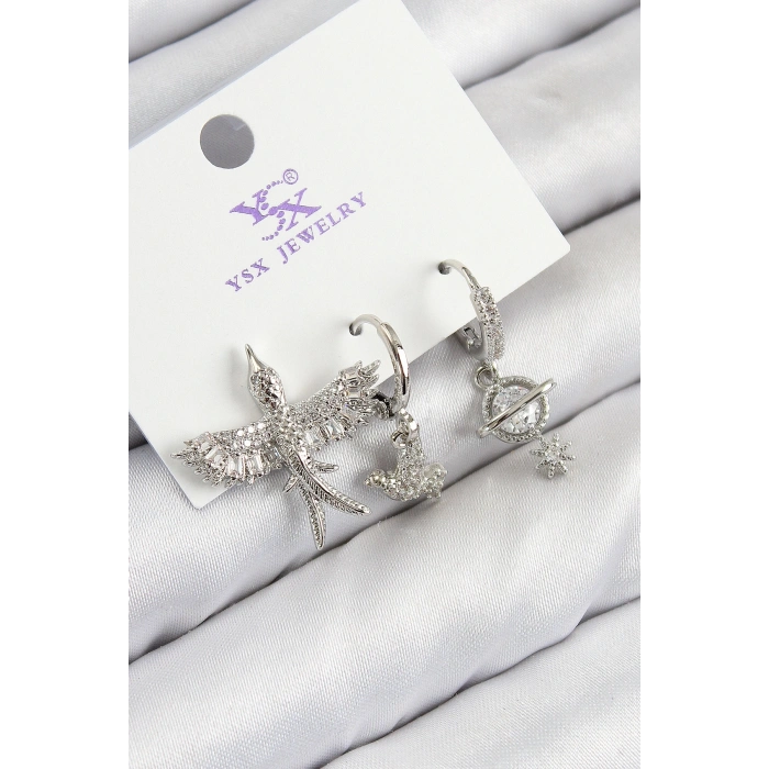 Pirinç Zirkon Taşlı 3lü Kuş Model Gümüş Renk Kadın Küpe