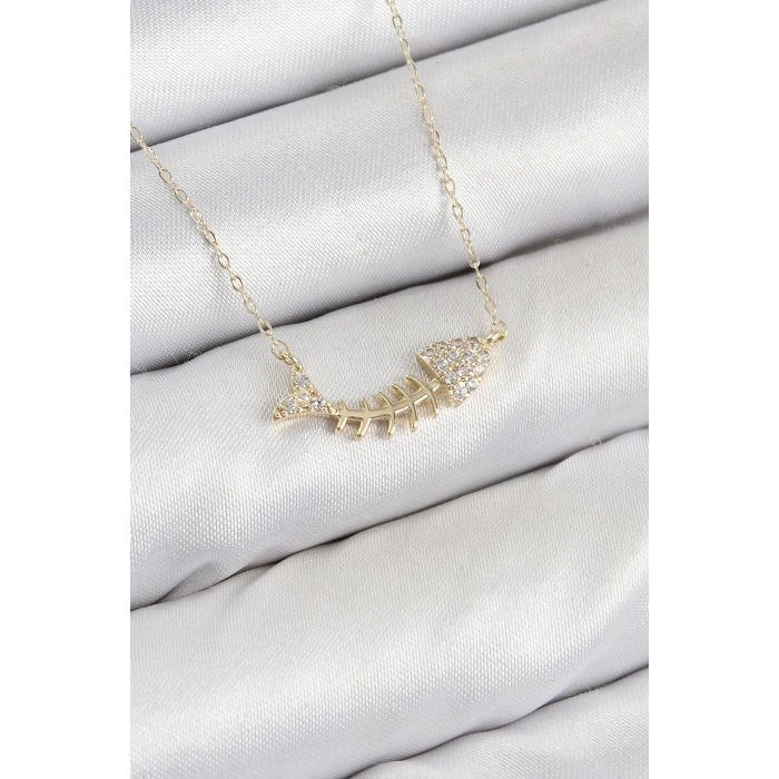 Pirinç Zirkon Taşlı Balık Kılçığı Model Gold Renk Kadın Kolye