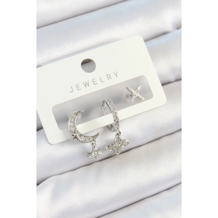 Pirinç Zirkon Taşlı Çiçek Ve Ay Model Gümüş Renk 3lü Çift Kadın Küpe Set
