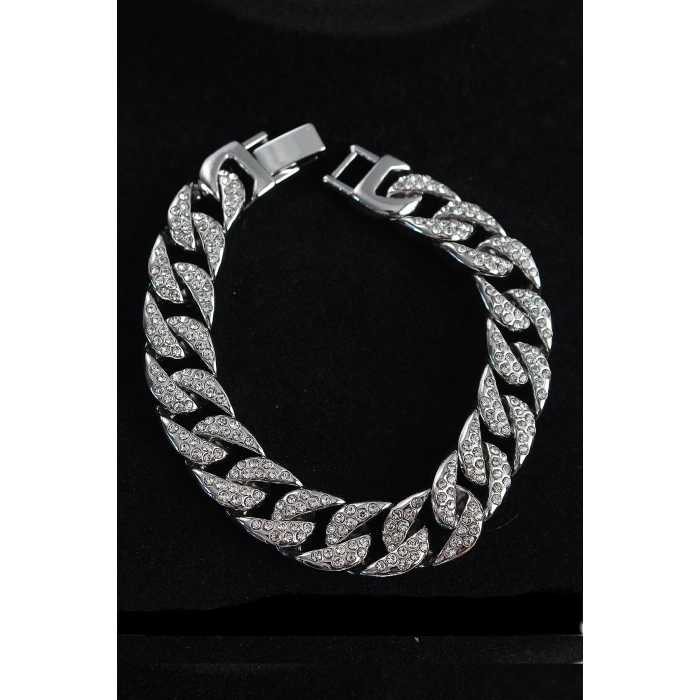 Pirinç Zirkon Taşlı Cuba Gurmet Model Gümüş Renk Erkek Bileklik