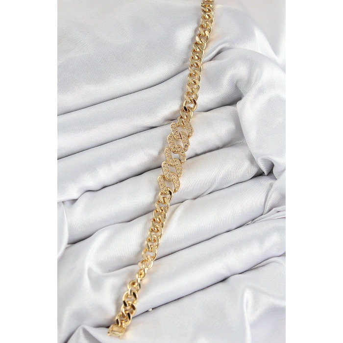 Pirinç Zirkon Taşlı Ezme Küba Zincir Model Gold Renk Kadın Bileklik