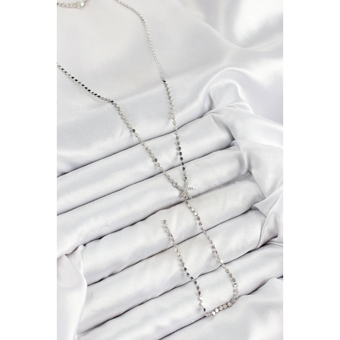 Pirinç Zirkon Taşlı Ezme Zincirli Deniz Yıldızı Model Gümüş Renk Y Kolye