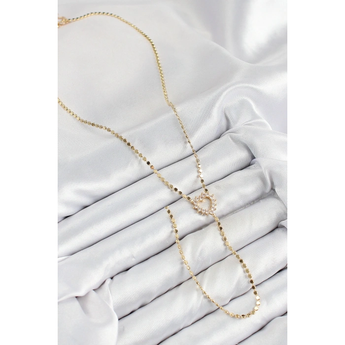 Pirinç Zirkon Taşlı Ezme Zincirli Kalp Model Gold Renk Y Kolye