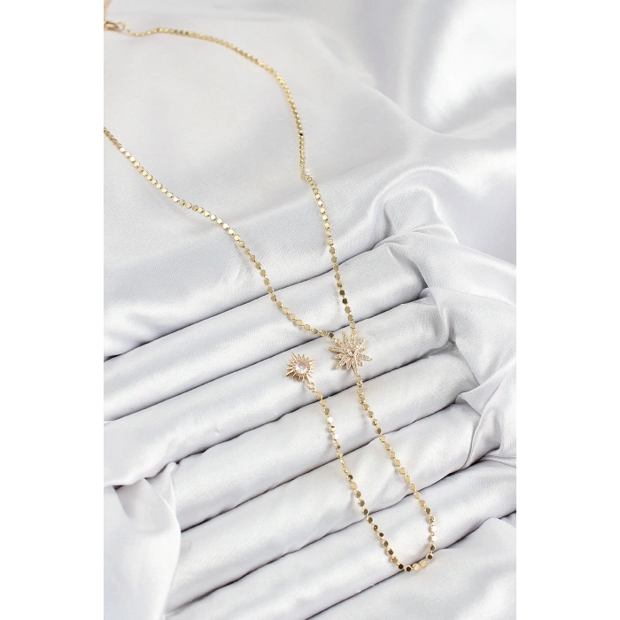 Pirinç Zirkon Taşlı Ezme Zincirli Kutup Yıldızı Model Gold Renk Y Kolye