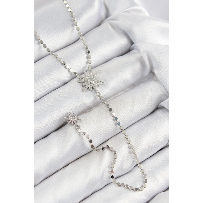 Pirinç Zirkon Taşlı Ezme Zincirli Kutup Yıldızı Model Gümüş Renk Y Kolye