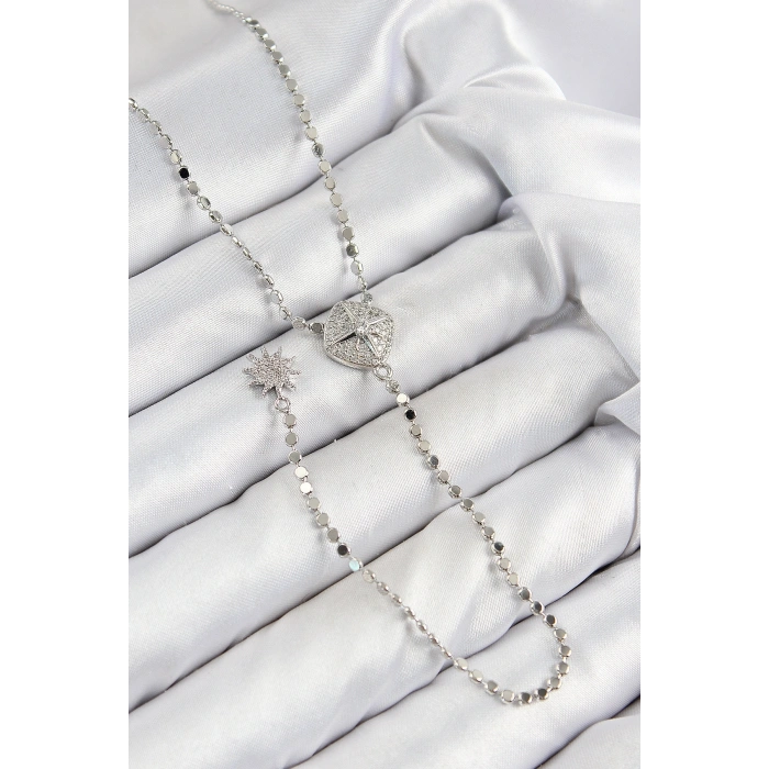 Pirinç Zirkon Taşlı Ezme Zincirli Madalyon Model Gümüş Renk Y Kolye