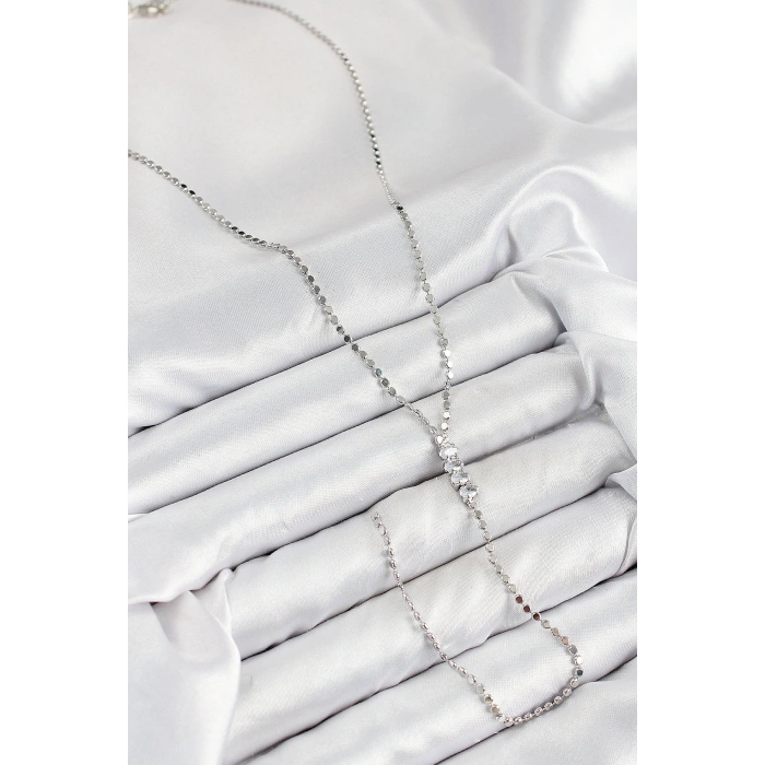 Pirinç Zirkon Taşlı Ezme Zincirli Model Gümüş Renk Y Kolye