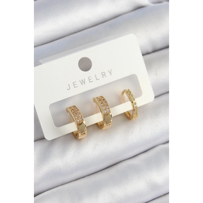 Pirinç Zirkon Taşlı Halka Model Gold Renk 3lü Çift Kadın Küpe Set