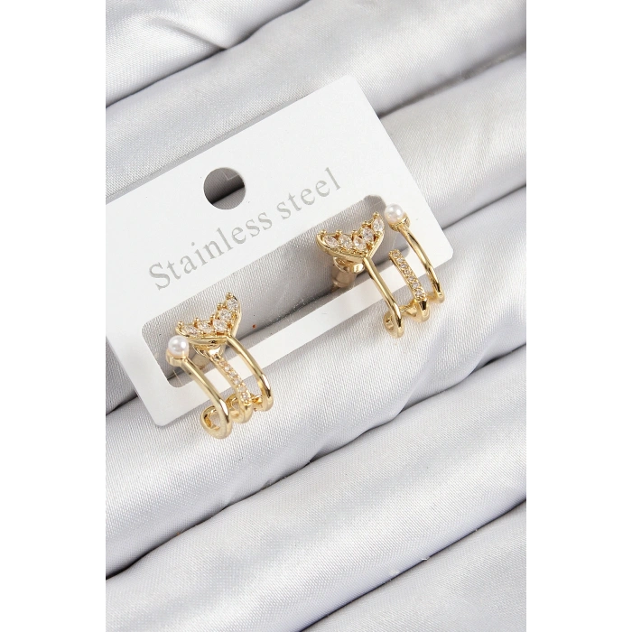 Pirinç Zirkon Taşlı İnci Detaylı Balık Kuyruğu Model Gold Renk Kadın Küpe