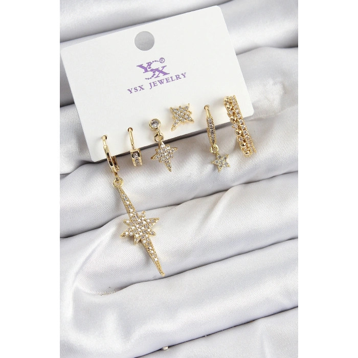 Pirinç Zİrkon Taşlı Kutup Yıldızı Model Gold Renk 3lü Çift Kadın Küpe