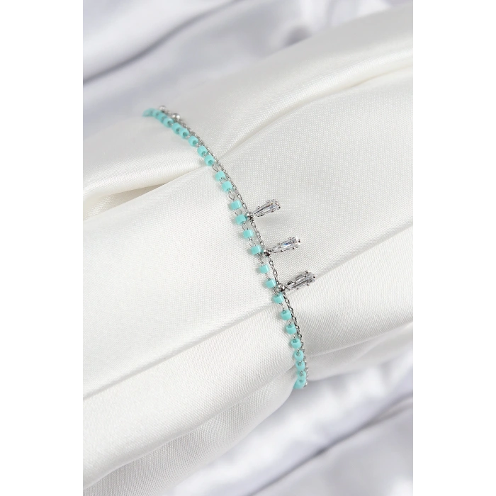 Pirinç Zirkon Taşlı Mavi Boncuklu Model Gümüş Renk Kadın Bileklik