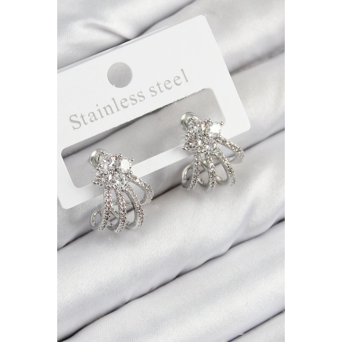 Pirinç Zirkon Taşlı Model Gümüş Renk Kadın Küpe