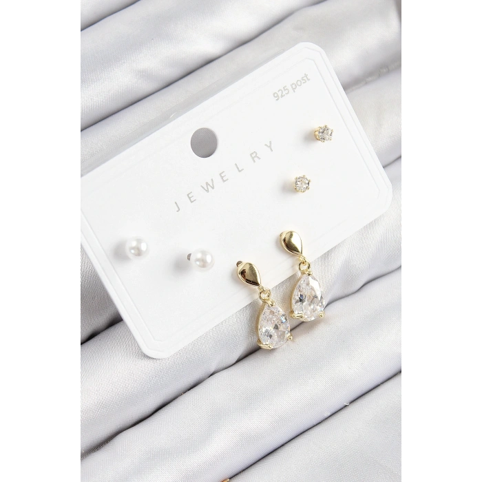 Pirinç Zirkon Taşlı Sallantılı Damla Model Gold Renk 925 Ayar Gümüş Çivi Kadın Küpe Set