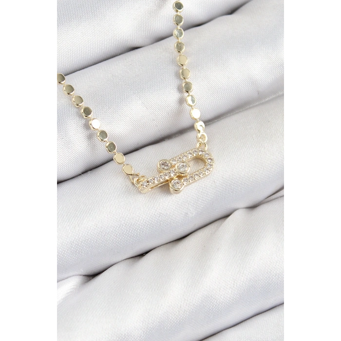 Pirinç Zirkon Taşlı Tifany Model Ezme Zincir Gold Renk Kadın Kolye