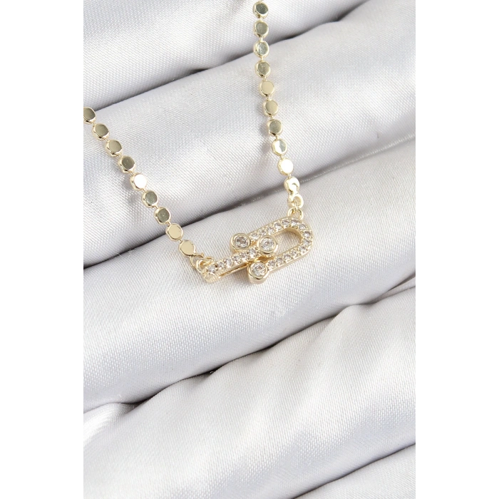 Pirinç Zirkon Taşlı Tifany Model Ezme Zincir Gold Renk Kadın Kolye