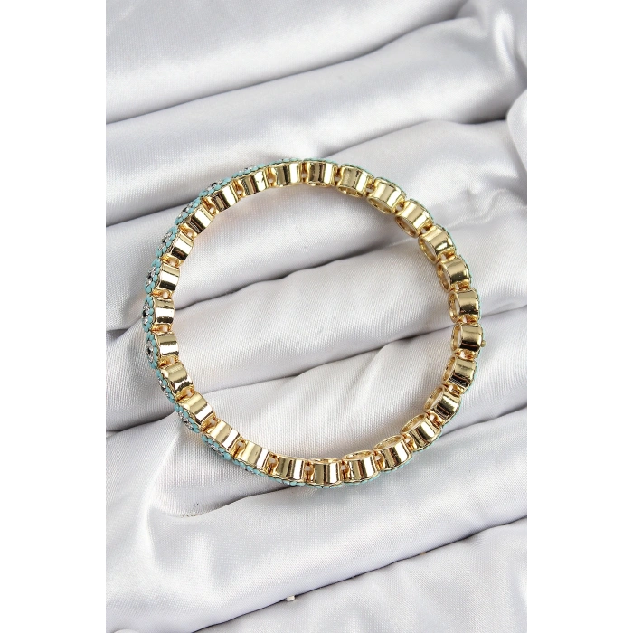 Pirinç Zirkon Taşlı Turkuaz Nazar Model Gold Renk Lastikli Kadın Bileklik