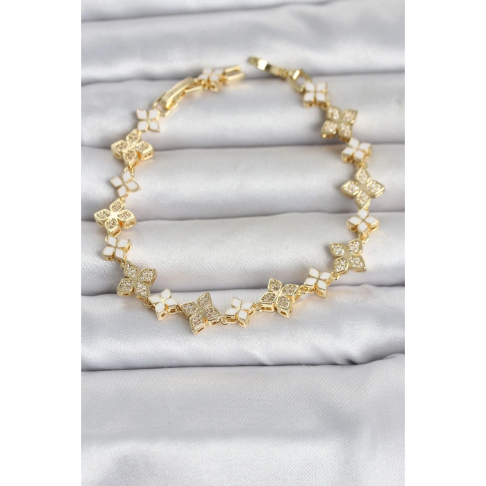 Pirinç Zirkon Taşlı ve Mineli Yonca Model Gold Renk Kadın Bileklik