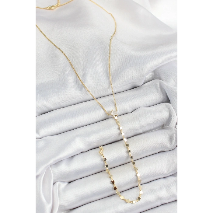 Pirinç Zirkon Taşlı Yıldız Figürlü Y Model Gold Renk Kadın Kolye