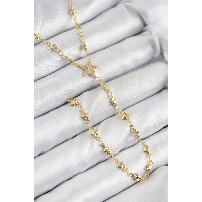 Pirinç Zirkon Taşlı Yıldız Model Gold Renk Y Kolye