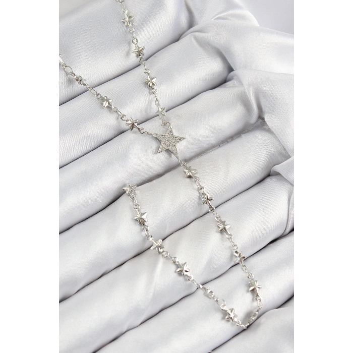 Pirinç Zirkon Taşlı Yıldız Model Gümüş Renk Y Kolye