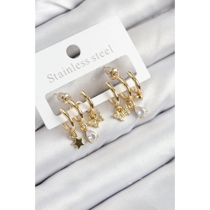 Pirinç Zirkon Taşlı Yıldız Ve Kelebek Model Gold Renk Kadın Küpe
