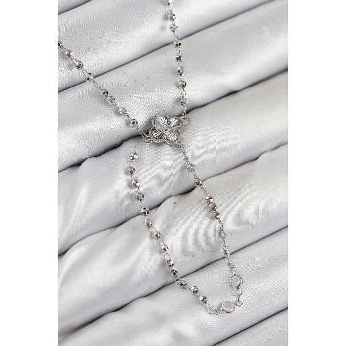 Pirinç Zirkon Taşlı Yonca Model Gümüş Renk Kadın Y Kolye