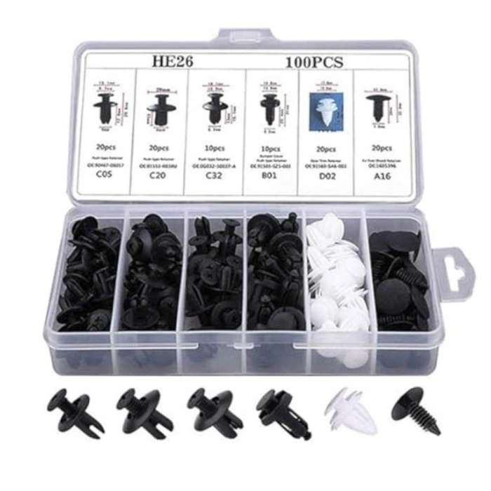 Plastik Bağlantı Elemanları Seti 100 Parça – Oto Kaplama Klipsi, Tampon ve Trim Sabitleme Perçinleri, Çok Amaçlı Klips Seti (5047)