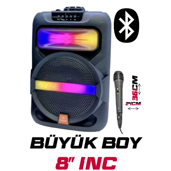 Platoon PL-4361 BT USB SD AUX 8 İNÇ Mikrofonlu Anfi Yüksek SES Taşınabilir RGB Işıklı Hoparlör (5047)