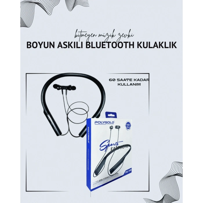Polygold PG-100 Boyun Askılı Kablosuz Kulaklık – 200 Saat Bekleme Süresi, Stereo Ses, Mikrofonlu