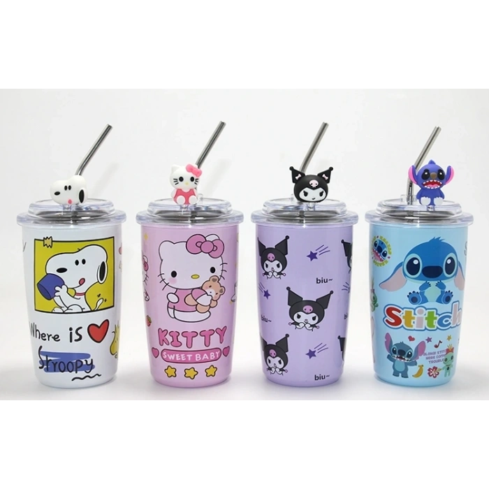 Popüler Karakter Figürlü Isı Muhafazalı Metal Pipetli Çelik Kupa
