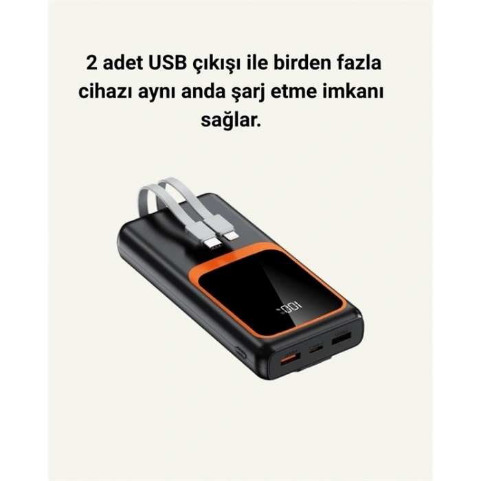 Powerbank 20000 mAh | 22.5W Hızlı Şarj, Dahili Kablolu, LCD Ekranlı Şarj Cihazı