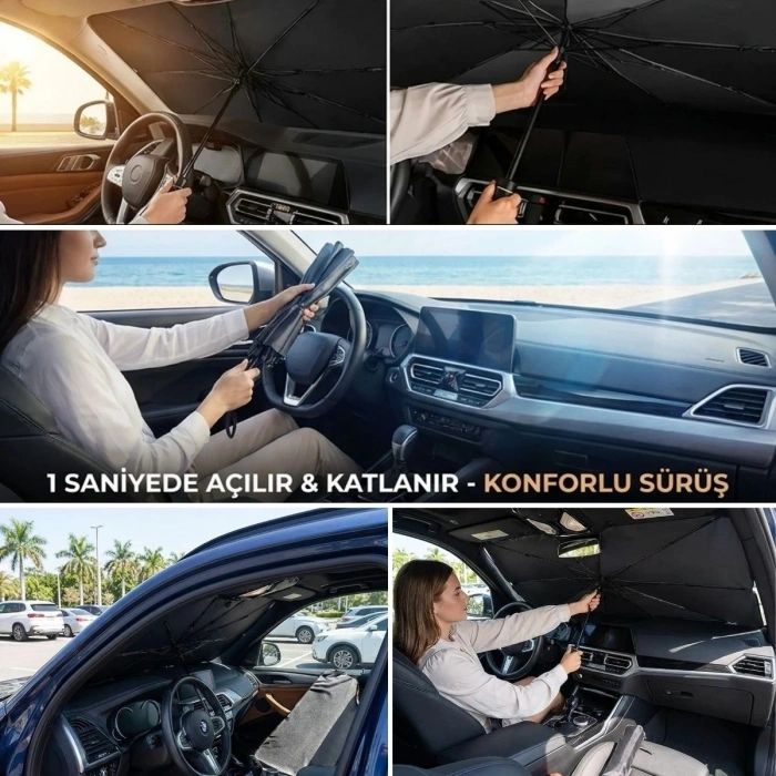 Premium Katlanabilir Araç Ön Cam Güneşliği – Şemsiye Tipi Oto Güneşlik, UV Korumalı Isı Yalıtımlı Ön Cam Gölgelik (5047)