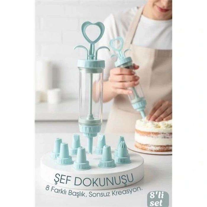 Profesyonel 8li Başlıklı Pasta Krema Süsleme Pompası Seti Enjektör Uçlu