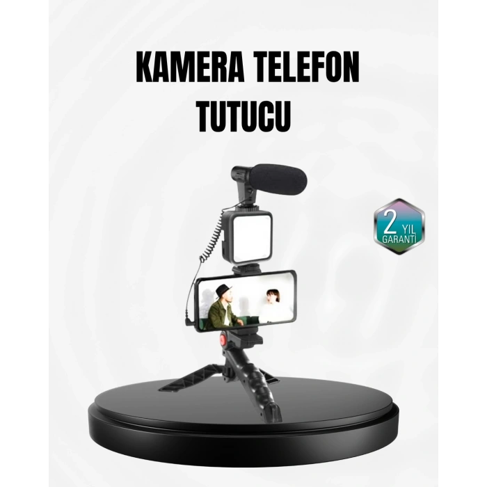 Profesyonel Vlog Çekim Kiti LED Işıklı Tripod Mikrofonlu Telefon Seti