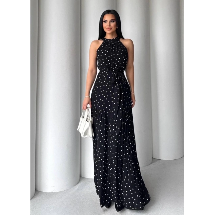 Puantiyeli yırtmaçlı elbise N4233