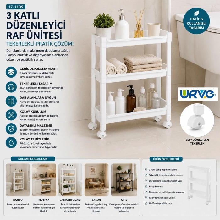 RAFTY 3 KATLI TEKERLEKLİ SEPET ORGANİZER DÜZENLEYİCİ RAF ÜNİTESİ 465X145X480MM (5047)