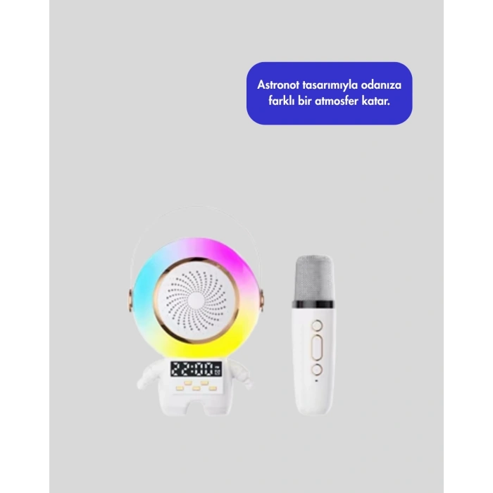 Renkli Işıklı Astronot Mini Bluetooth Speaker ve Karaoke Mikrofon