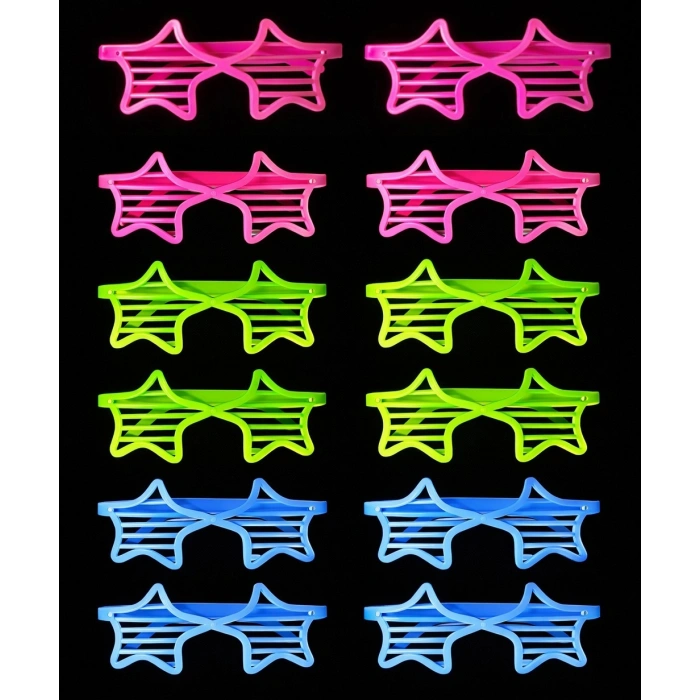 Retro Neon Fosforlu Yıldız Panjur Gözlük 12 Adet – 80’ler 90’lar Parti Stili (5047)