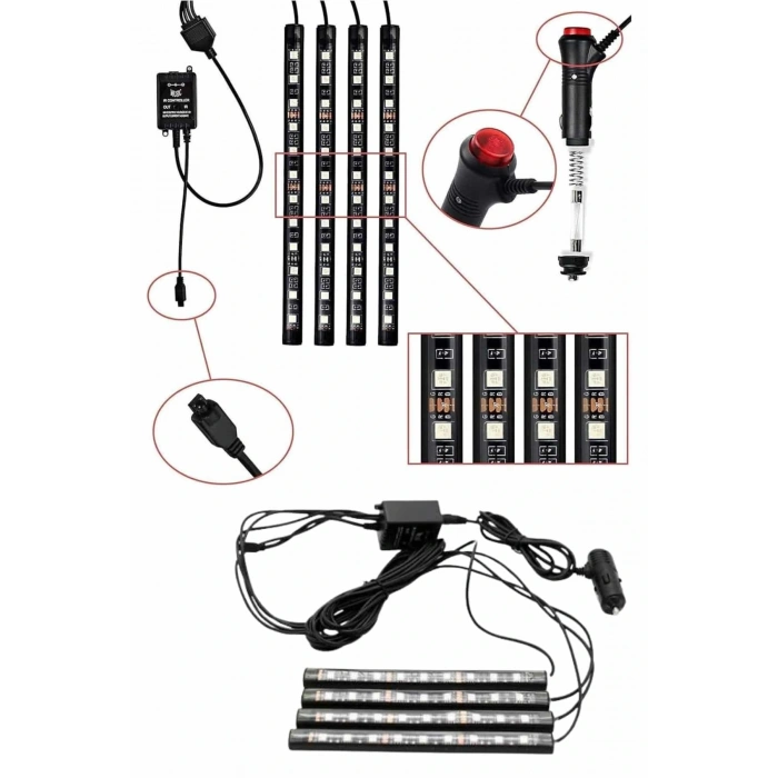 RGB Işıklı Araç İçi Aydınlatma Kumandalı 12li Led Işık Renk Değiştirebilen