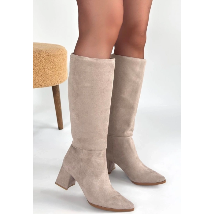 Roksa Bej Süet Topuklu Çizme