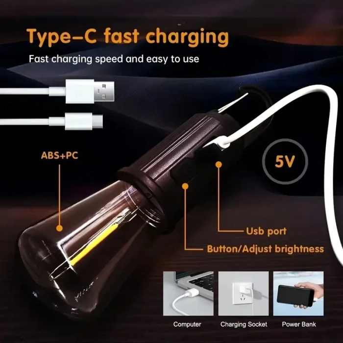 Rustik Taşınabilir Şarjlı Tasarruflu Ampul 10W Led Lamba Type-c Şarj Askılı Asma Aydınlatma T020 (5047)