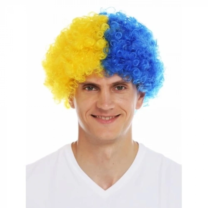 Sarı Lacivert Kıvırcık Afro Bonus Taraftar Peruğu