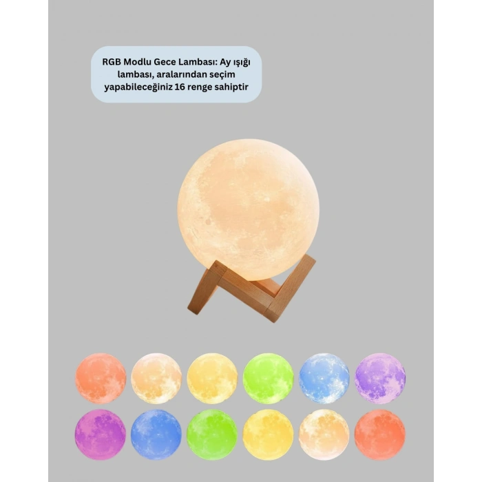 Şarjlı 3D Baskılı 16 Renk Ay Lambası  Stand